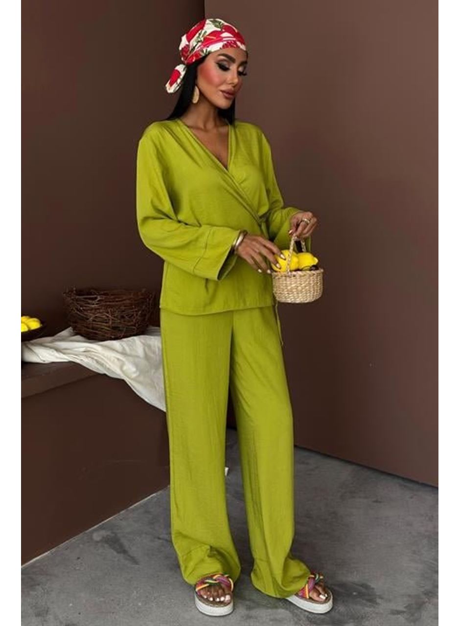 Kruvaze Model Klasik Pantolonlu Çupra Keten Takım 10191