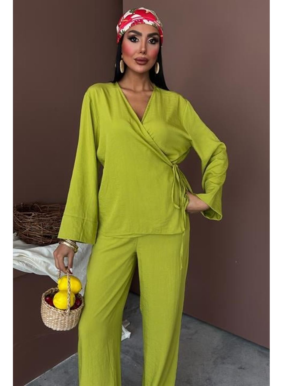 Kruvaze Model Klasik Pantolonlu Çupra Keten Takım 10191