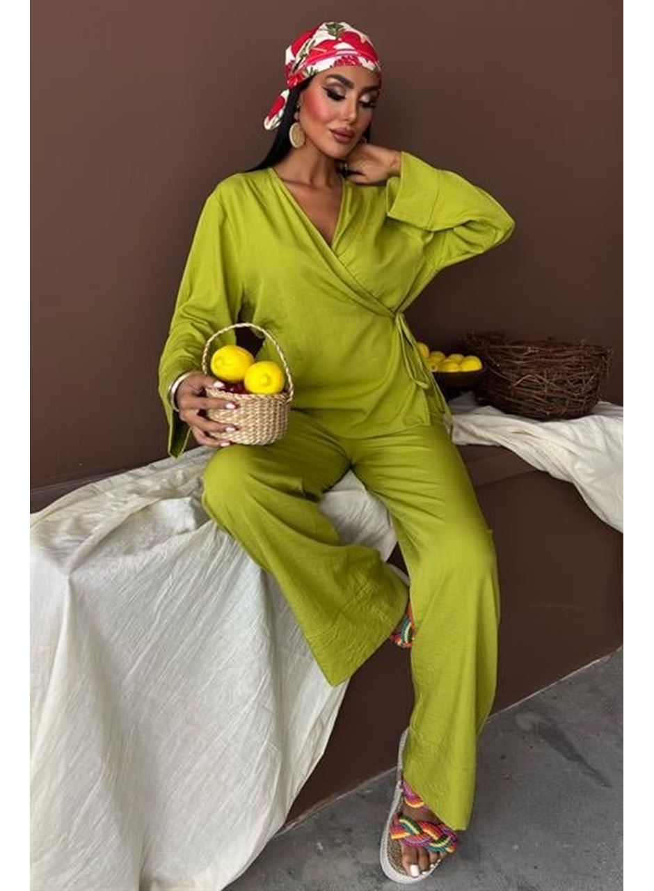 Kruvaze Model Klasik Pantolonlu Çupra Keten Takım 10191