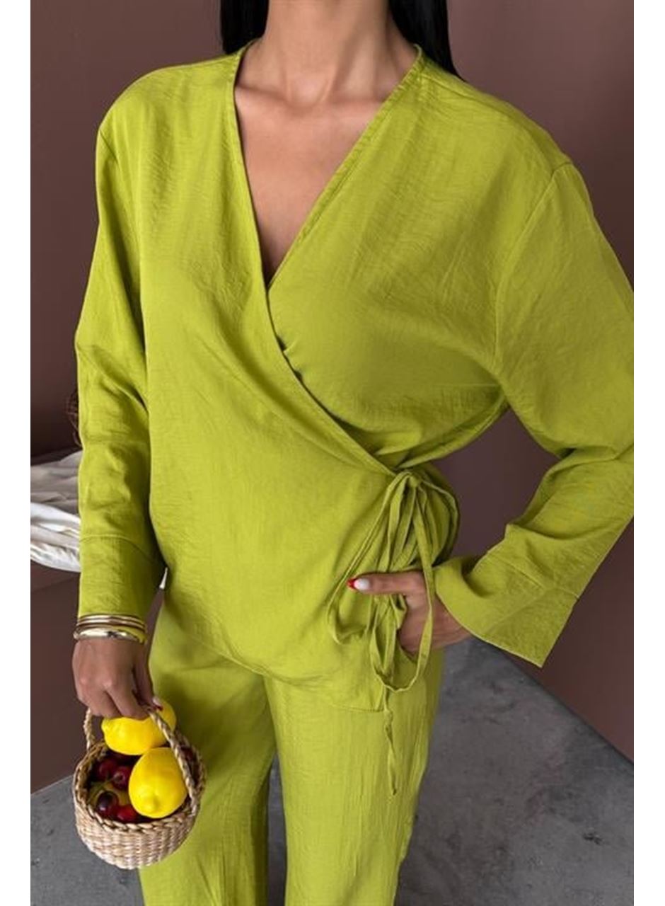 Kruvaze Model Klasik Pantolonlu Çupra Keten Takım 10191