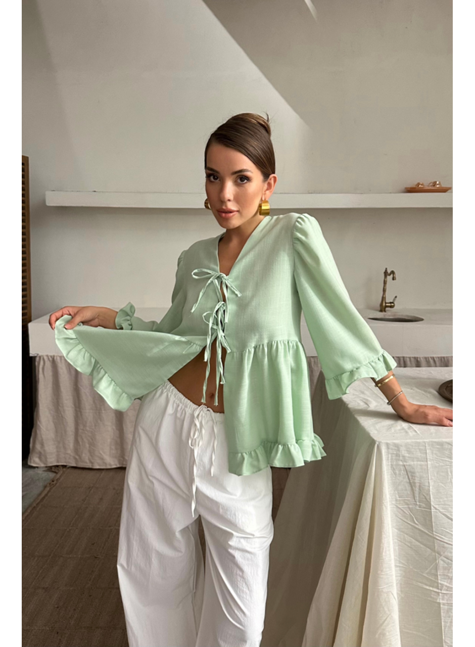 KETEN BLUZ ÖNDEN BAĞLAMALI FIRFIR DETAYLI - Yeşil