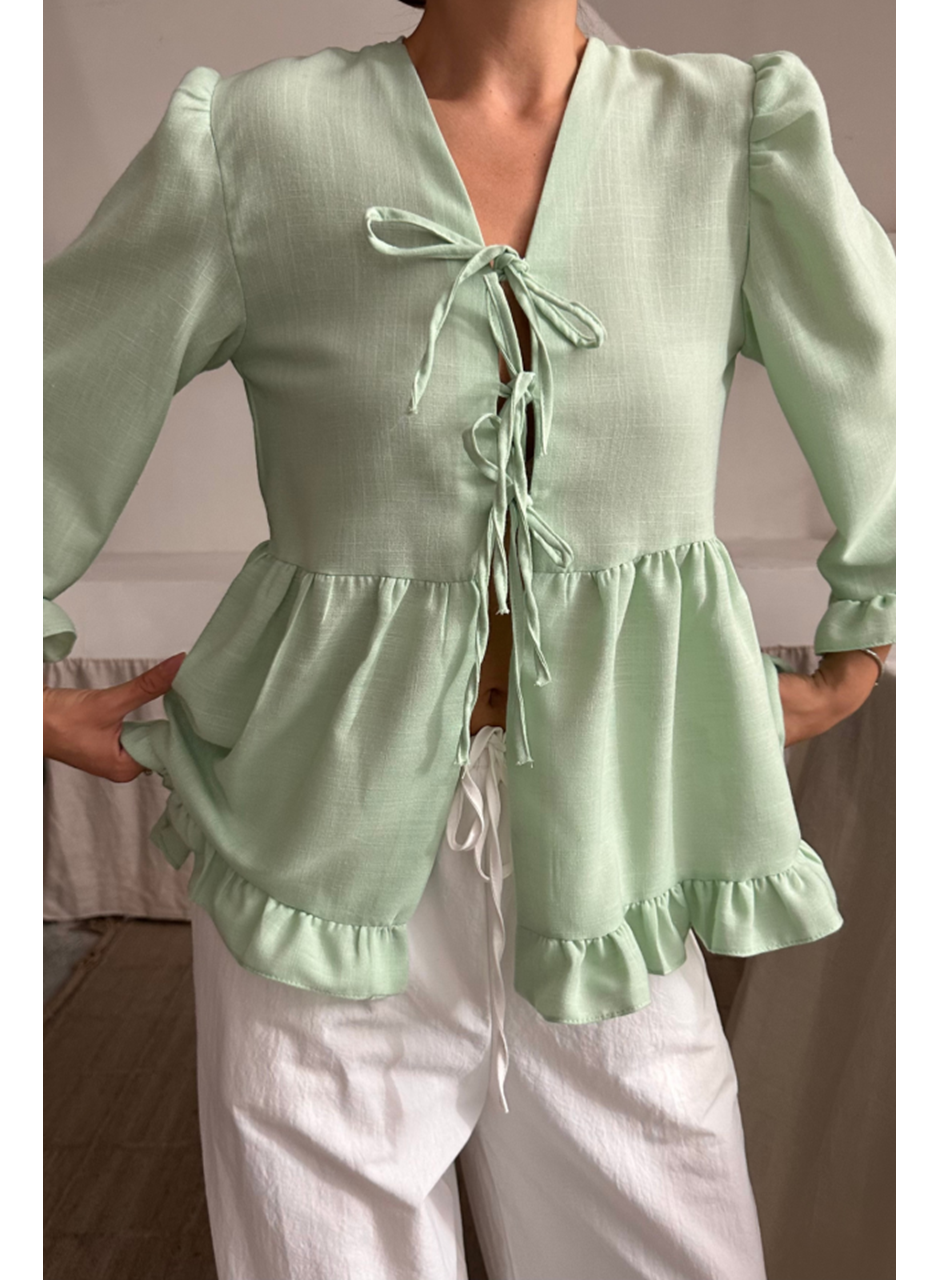 KETEN BLUZ ÖNDEN BAĞLAMALI FIRFIR DETAYLI - Yeşil