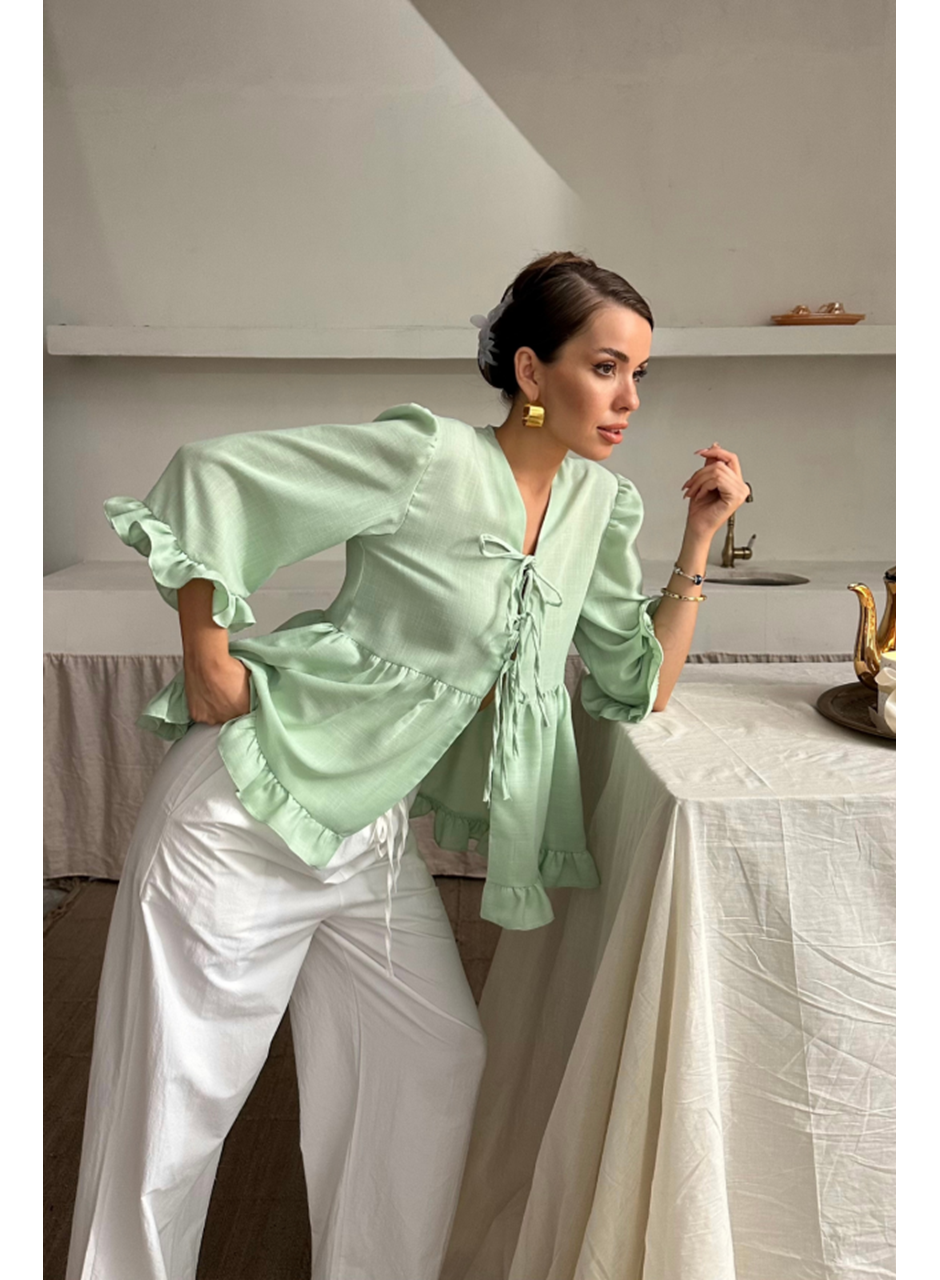 KETEN BLUZ ÖNDEN BAĞLAMALI FIRFIR DETAYLI - Yeşil