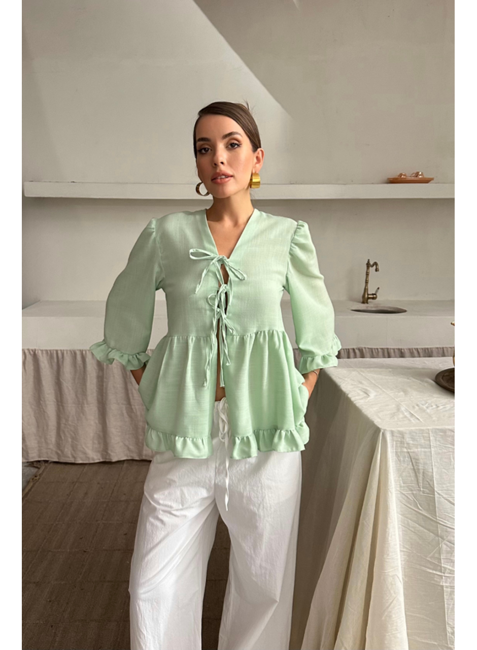 KETEN BLUZ ÖNDEN BAĞLAMALI FIRFIR DETAYLI - Yeşil