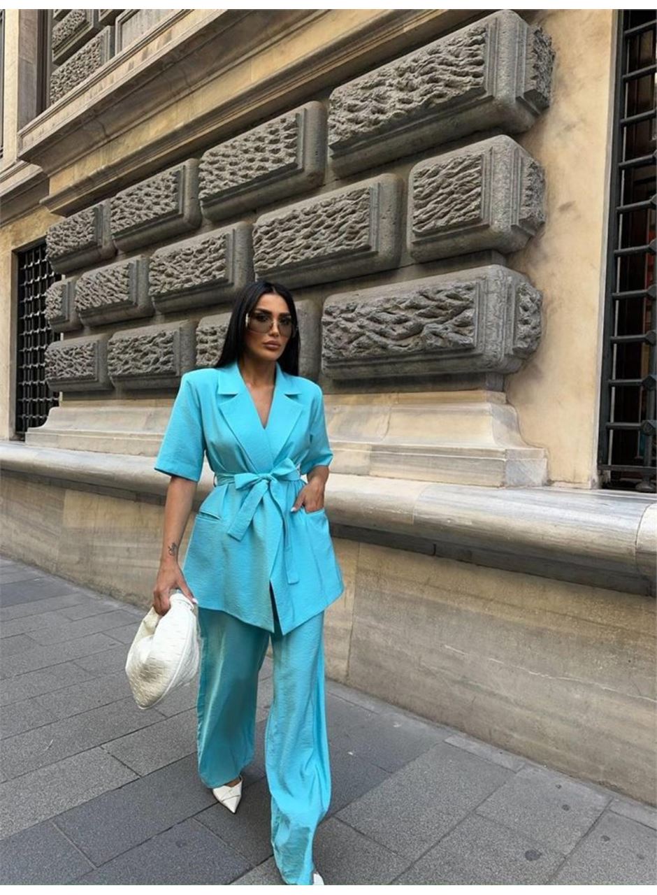 KISA KOL BAĞLAMA DETAYLI CEKET-PANTOLON TAKIM - Mavi