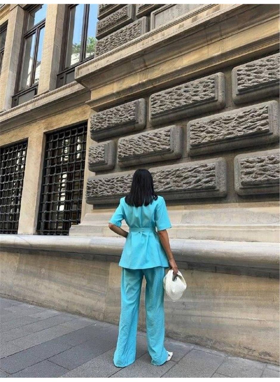 KISA KOL BAĞLAMA DETAYLI CEKET-PANTOLON TAKIM - Mavi