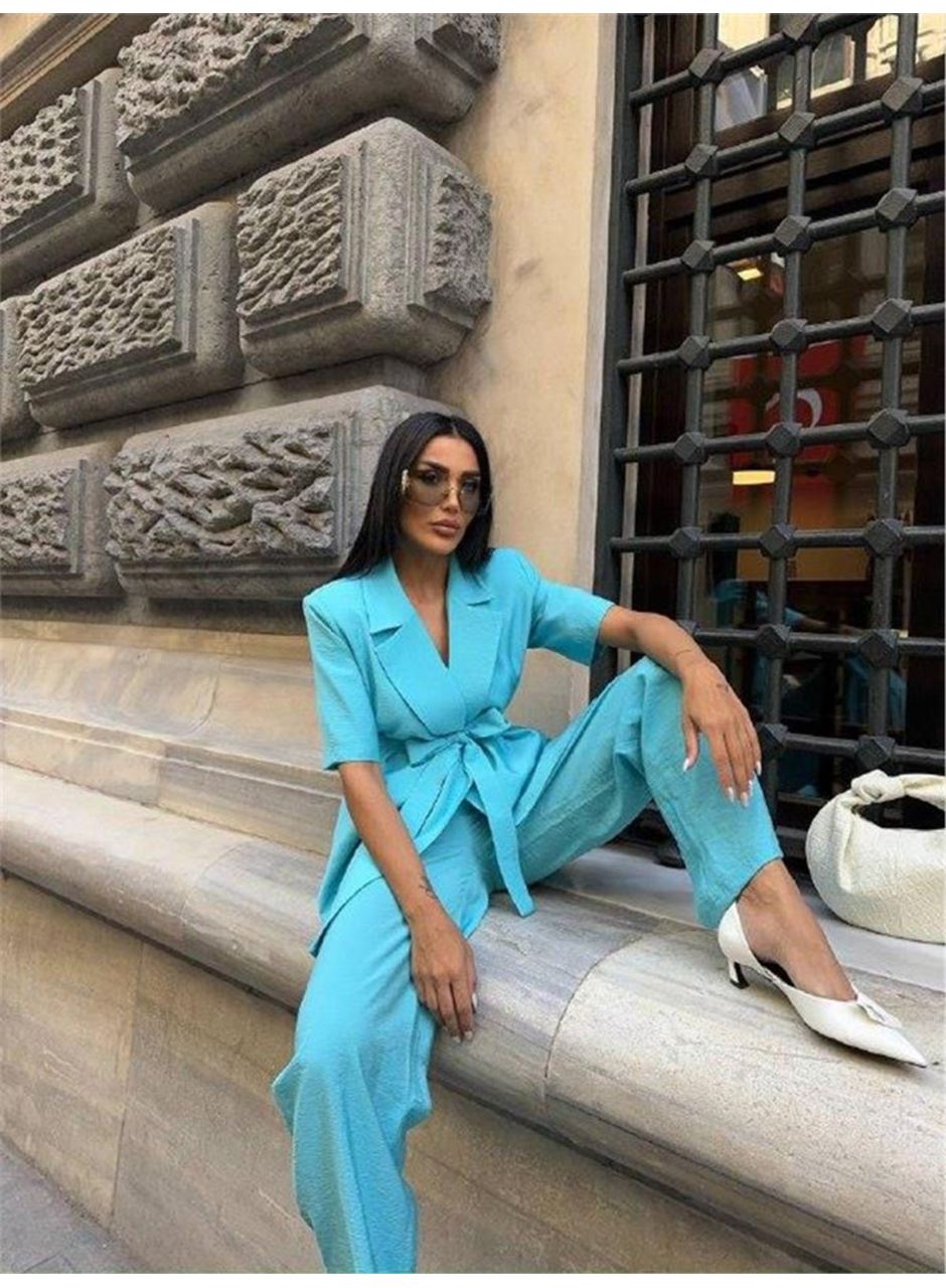 KISA KOL BAĞLAMA DETAYLI CEKET-PANTOLON TAKIM - Mavi