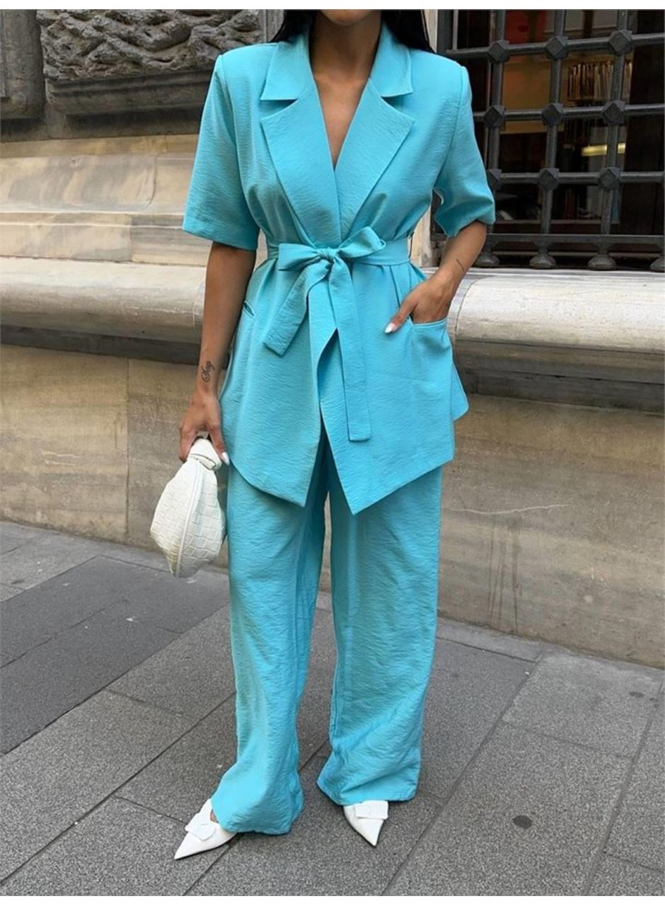 KISA KOL BAĞLAMA DETAYLI CEKET-PANTOLON TAKIM - Mavi