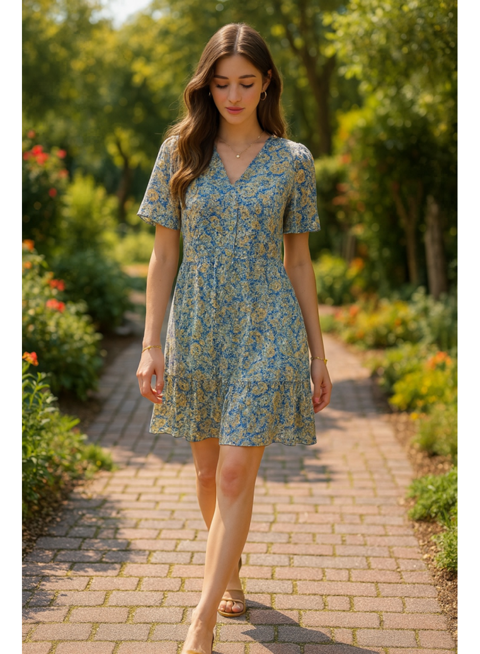 Yeşil Desenli Saten Elbise