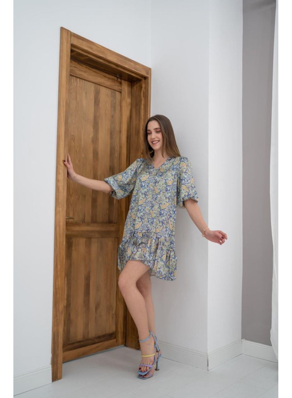 Yeşil Desenli Saten Elbise