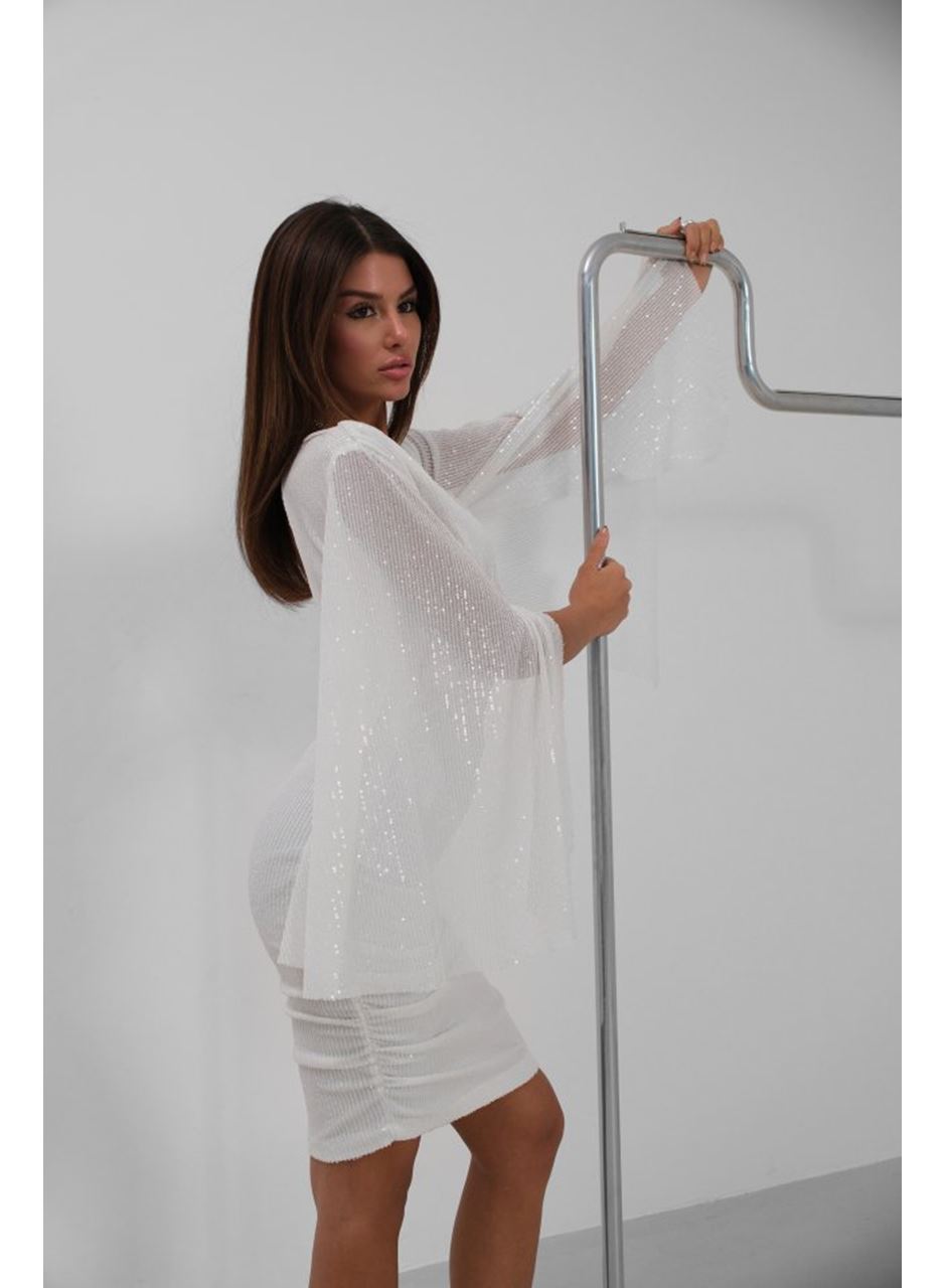 Yarasa Kol Kruvaze Sırt Dekolteli Pullu Elbise