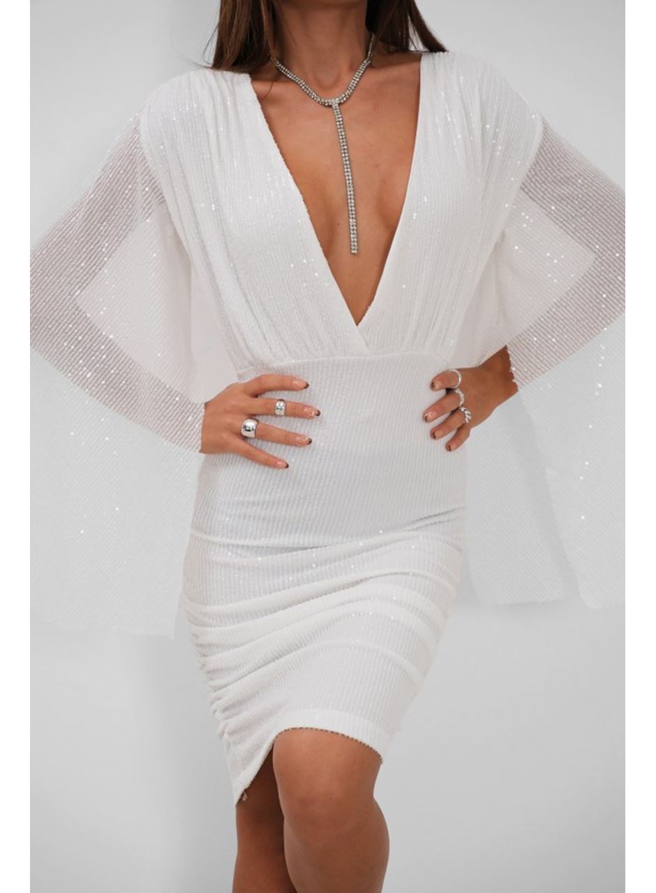 Yarasa Kol Kruvaze Sırt Dekolteli Pullu Elbise