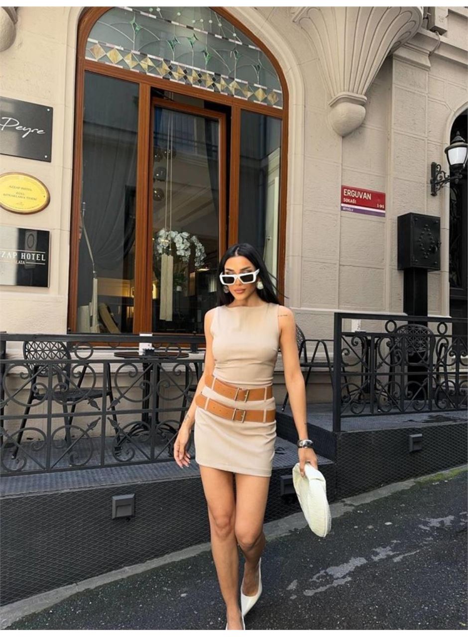 POLYVİSCON ÇİFT KEMER DETAYLI ELBİSE - Bej