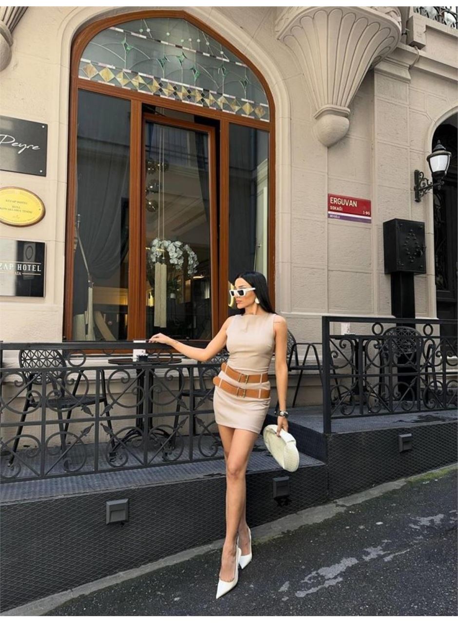 POLYVİSCON ÇİFT KEMER DETAYLI ELBİSE - Bej