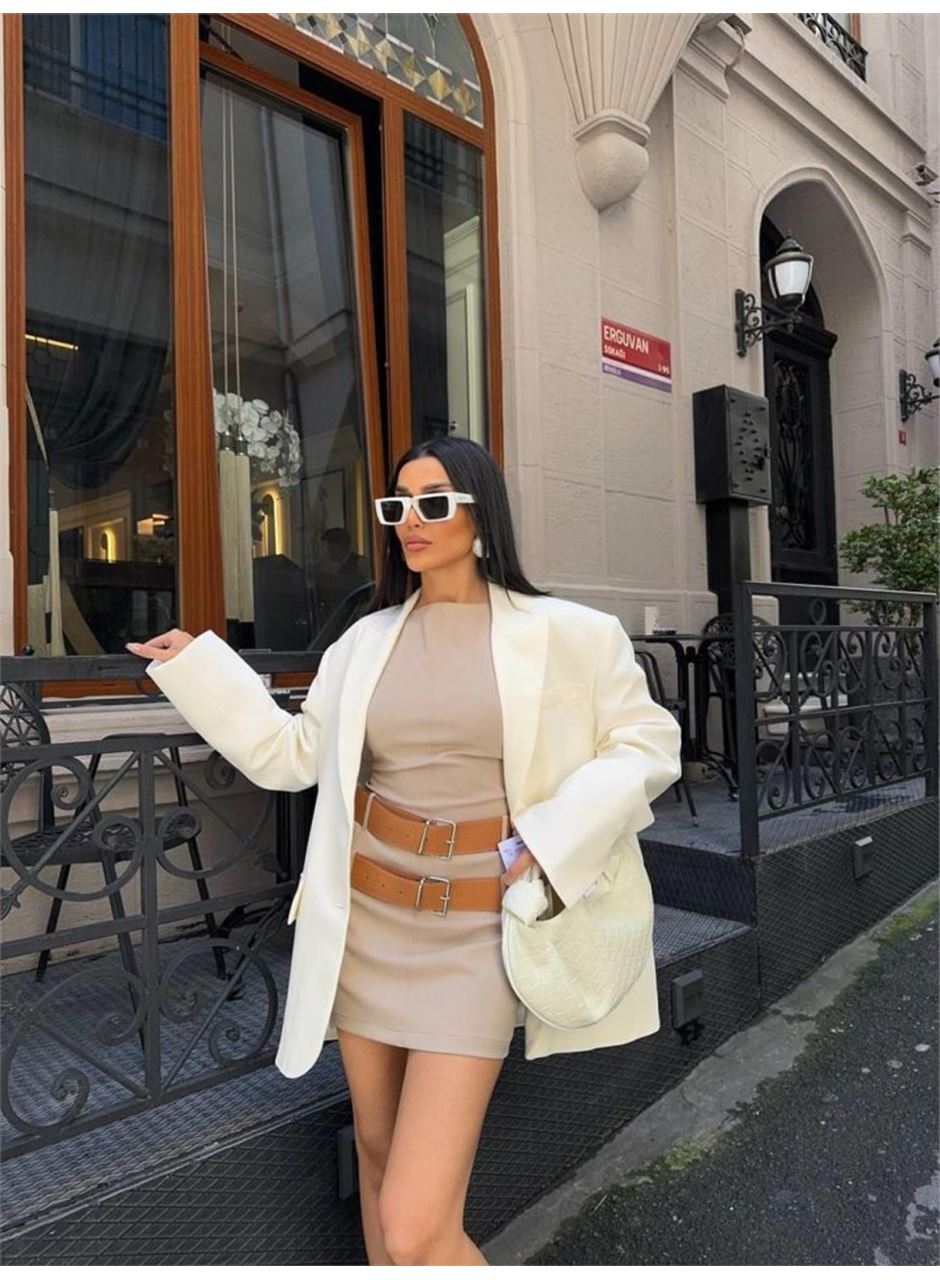 POLYVİSCON ÇİFT KEMER DETAYLI ELBİSE - Bej