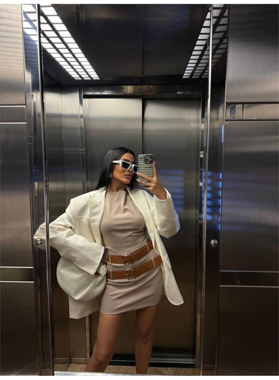 POLYVİSCON ÇİFT KEMER DETAYLI ELBİSE - Bej