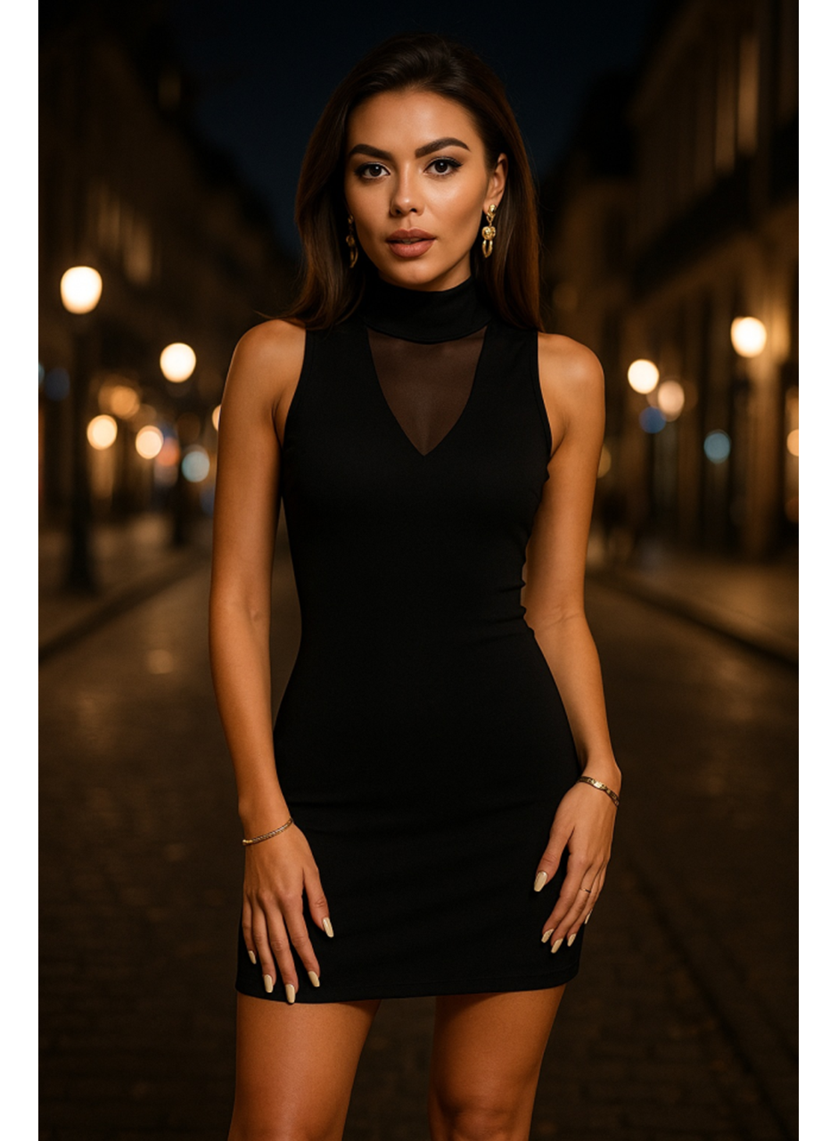 Kadın Balıkçı Yaka Tül Detay Kolsuz Mini Elbise