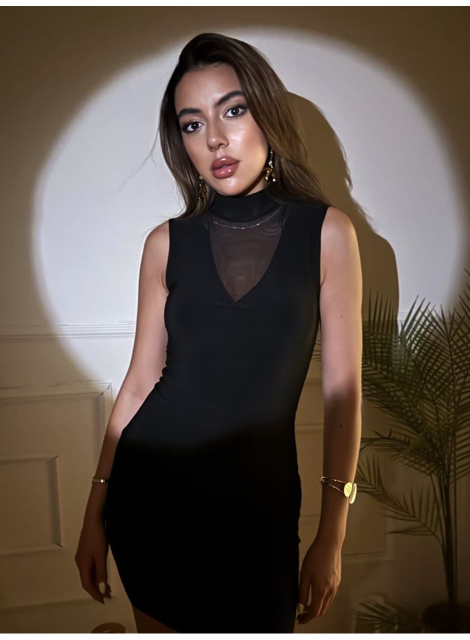 Kadın Balıkçı Yaka Tül Detay Kolsuz Mini Elbise