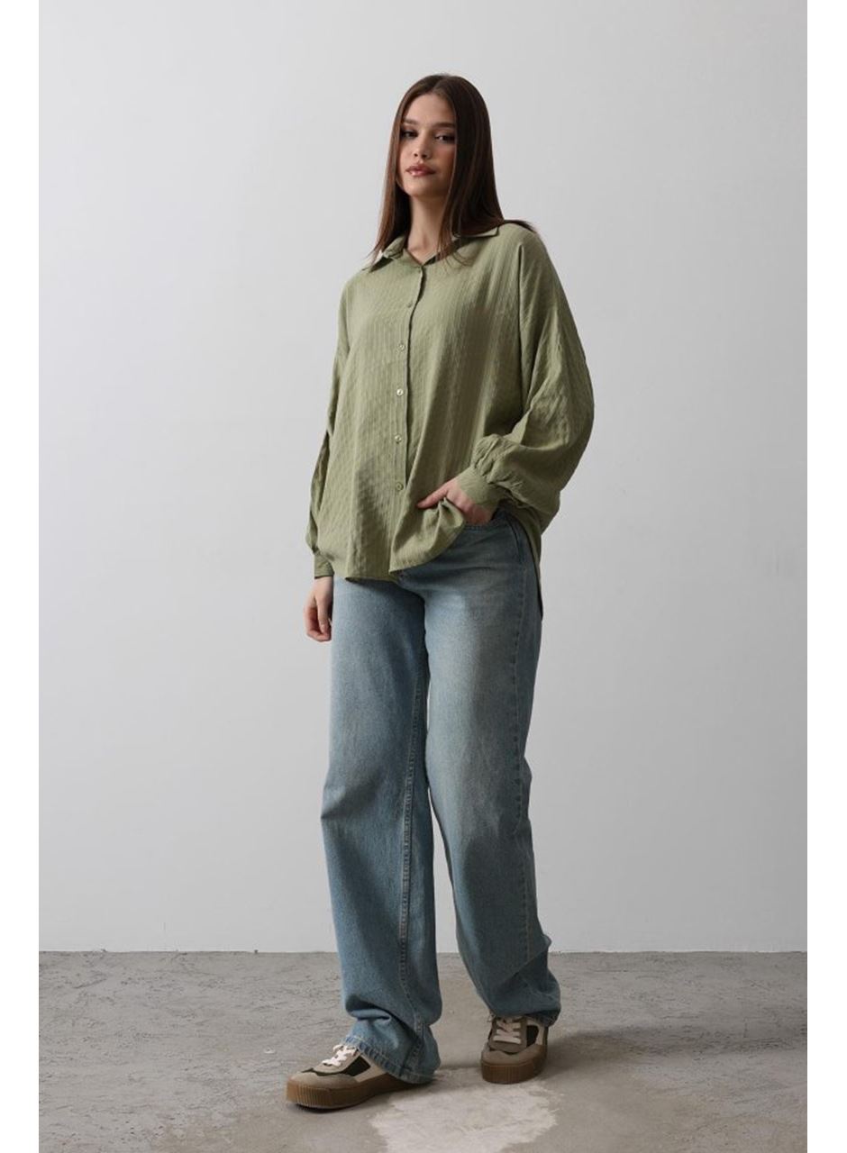 Çizgili Uzun Kol Gömlek - Haki