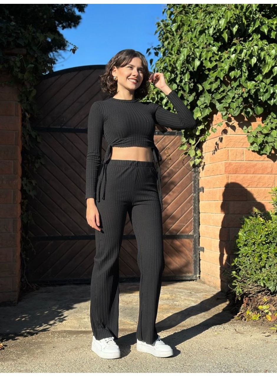 Kadın Yandan Bağlamalı Geniş Paçalı Fitil Kaşkorse İkili Takım