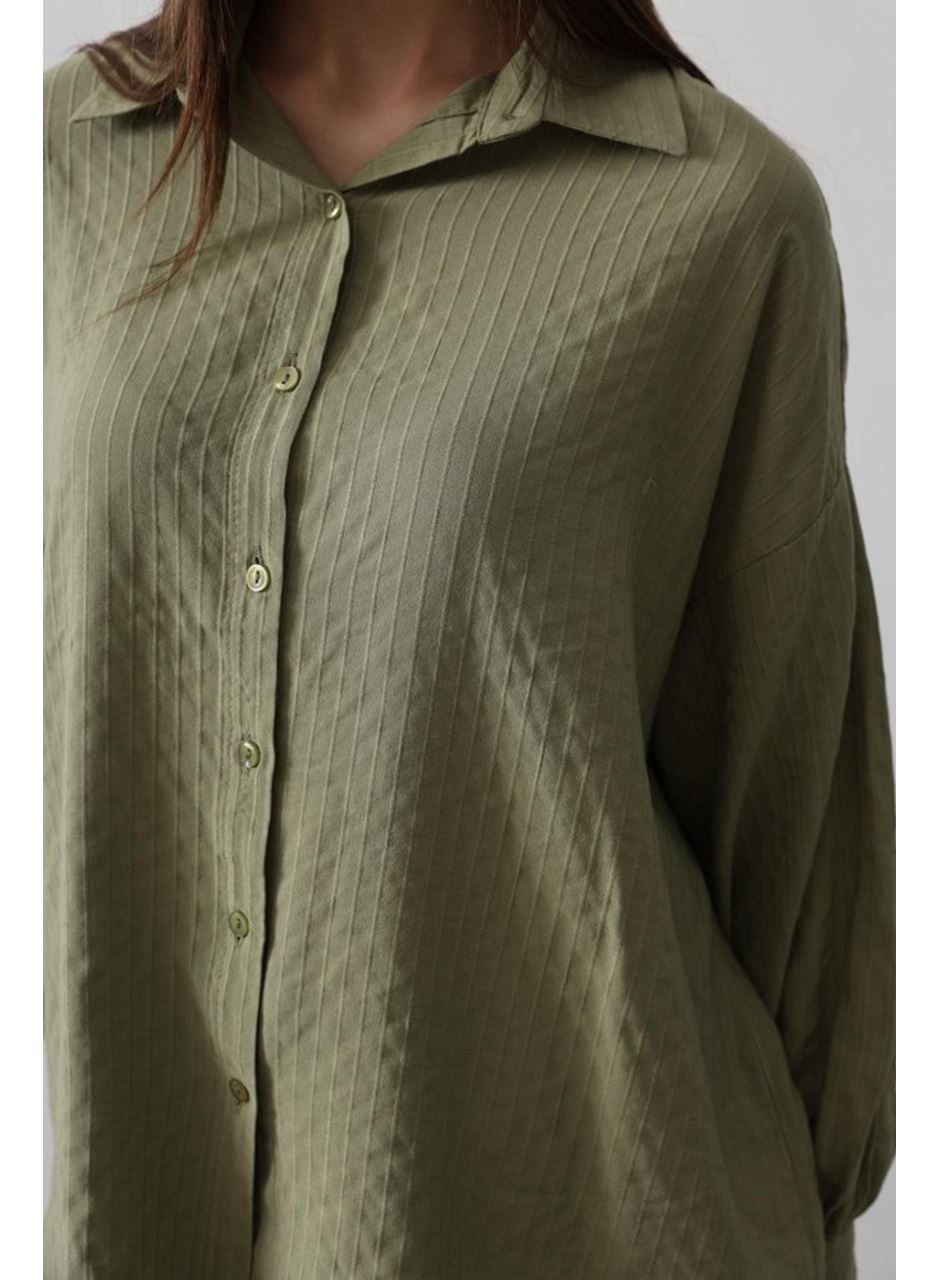 Çizgili Uzun Kol Gömlek - Haki