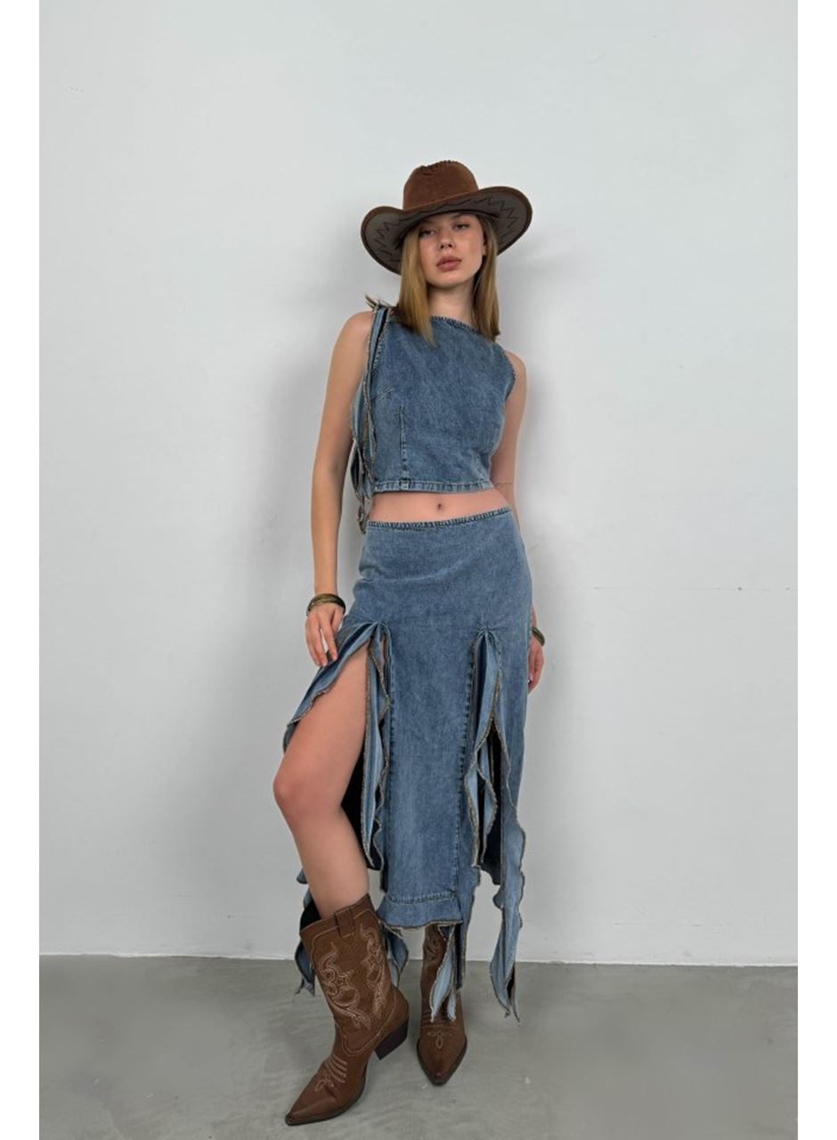 Fırfır Detay Denim Bluz