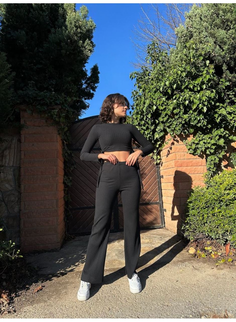 Kadın Yandan Bağlamalı Geniş Paçalı Fitil Kaşkorse İkili Takım