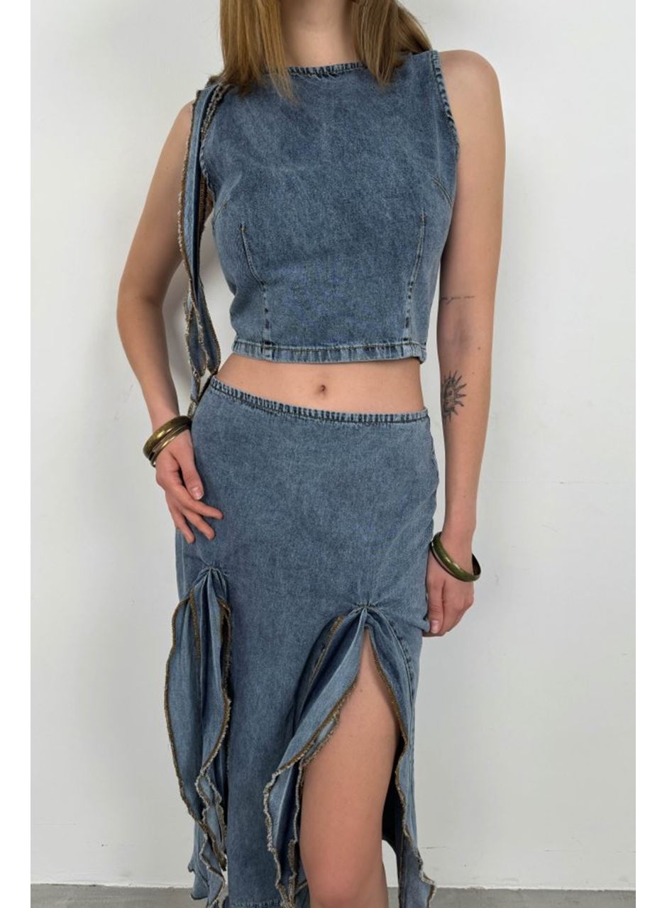 Fırfır Detay Denim Bluz