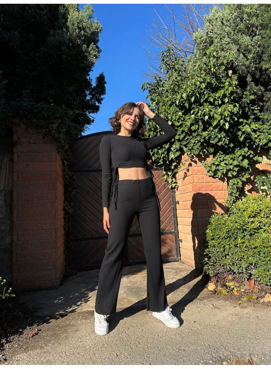 Kadın Yandan Bağlamalı Geniş Paçalı Fitil Kaşkorse İkili Takım