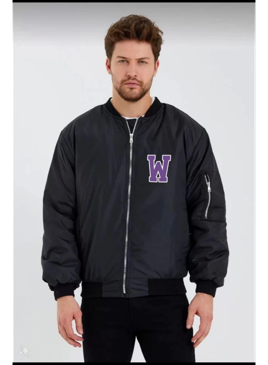 Unisex Uzun Kol Baskılı Bomber Ceket - Siyah