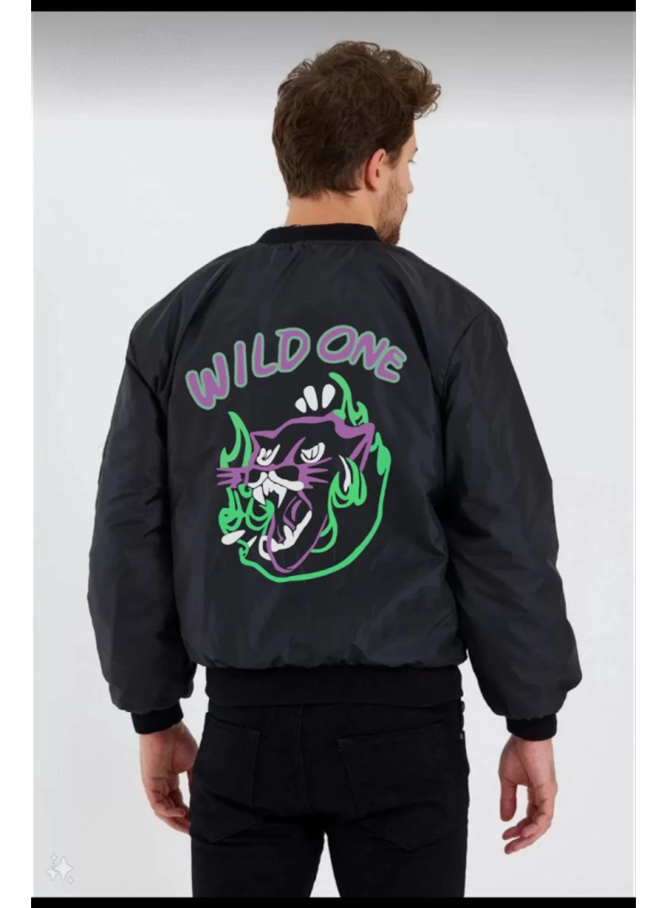 Unisex Uzun Kol Baskılı Bomber Ceket - Siyah