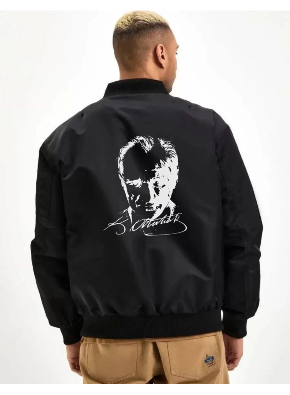 Unisex Uzun Kol Baskılı Bomber Ceket - Siyah