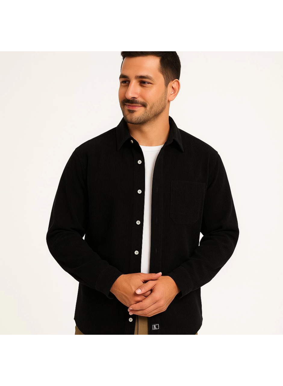 Erkek Fitilli Kadife Cepli Gömlek Oversize Rahat Kalıp - Siyah