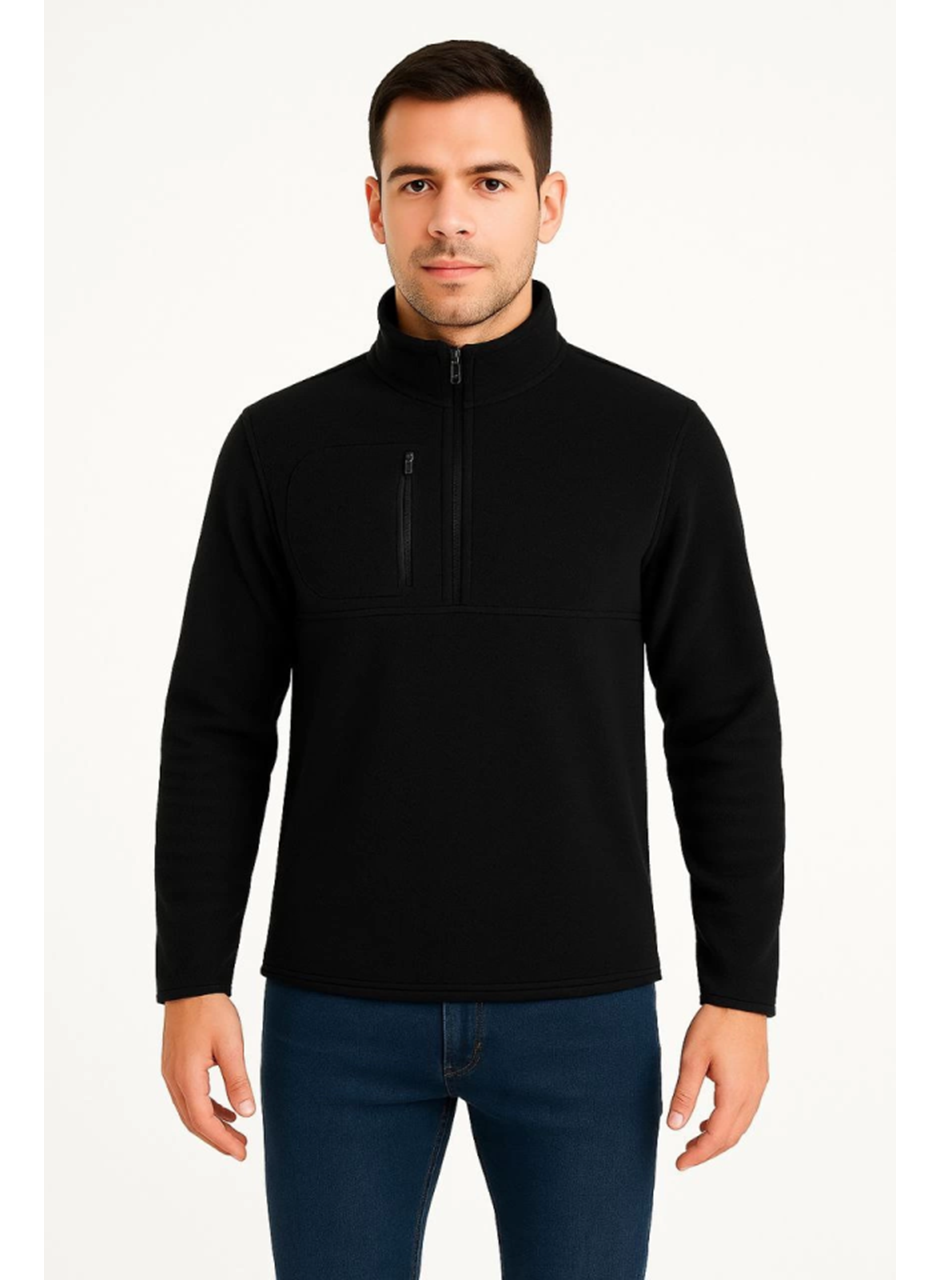 Erkek Polar Kazak – Dik Yaka, Yarım Fermuarlı, Fermuarlı Göğüs Cepli, Siyah Biyeli, Kışlık Rahat Regular Fit Günlük Model - Siyah