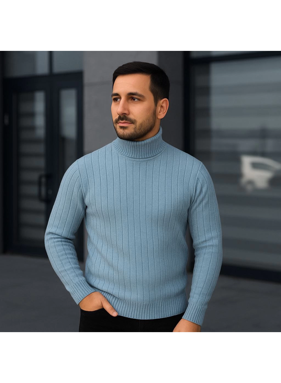 Erkek Balıkcı Yaka Bağazlı Triko Kazak Pamuklu Kalın Fitilli Dokuma, Regular Fit Uzun Kollu Kışlık Model - Bebe Mavisi