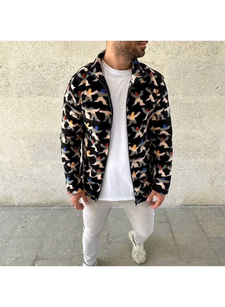 Erkek Tam Fermuarlı Desenli Polar Sweat – Siyah Multicolor Figür Desen Yakalı, Uzun Kollu, Oversize Rahat Kalıp- Siyah