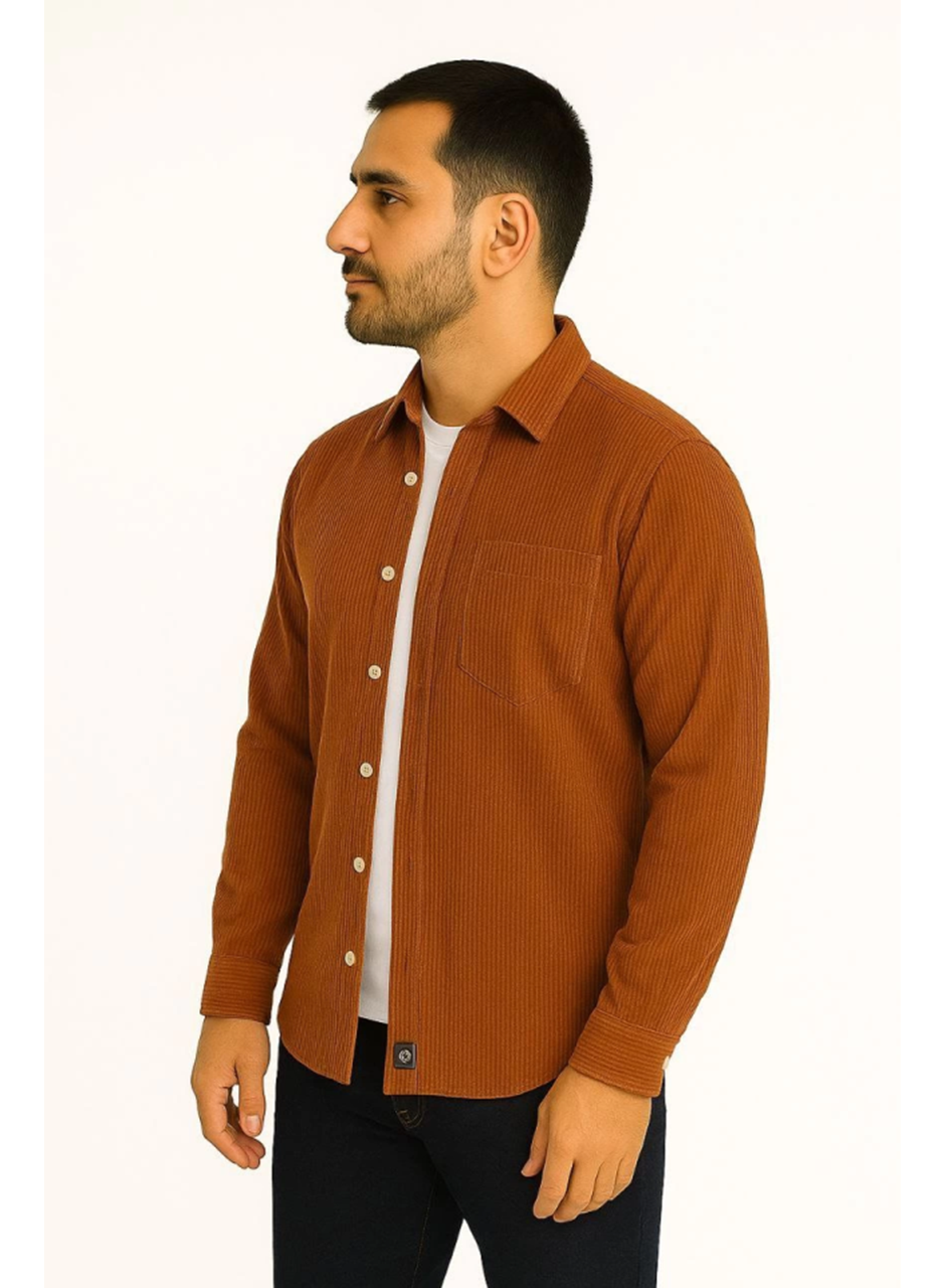 Erkek Fitilli Kadife Cepli Gömlek Oversize Rahat Kalıp - Kahverengi