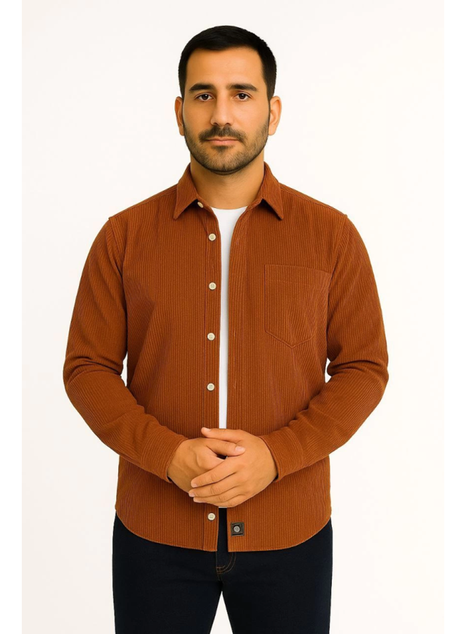 Erkek Fitilli Kadife Cepli Gömlek Oversize Rahat Kalıp - Kahverengi