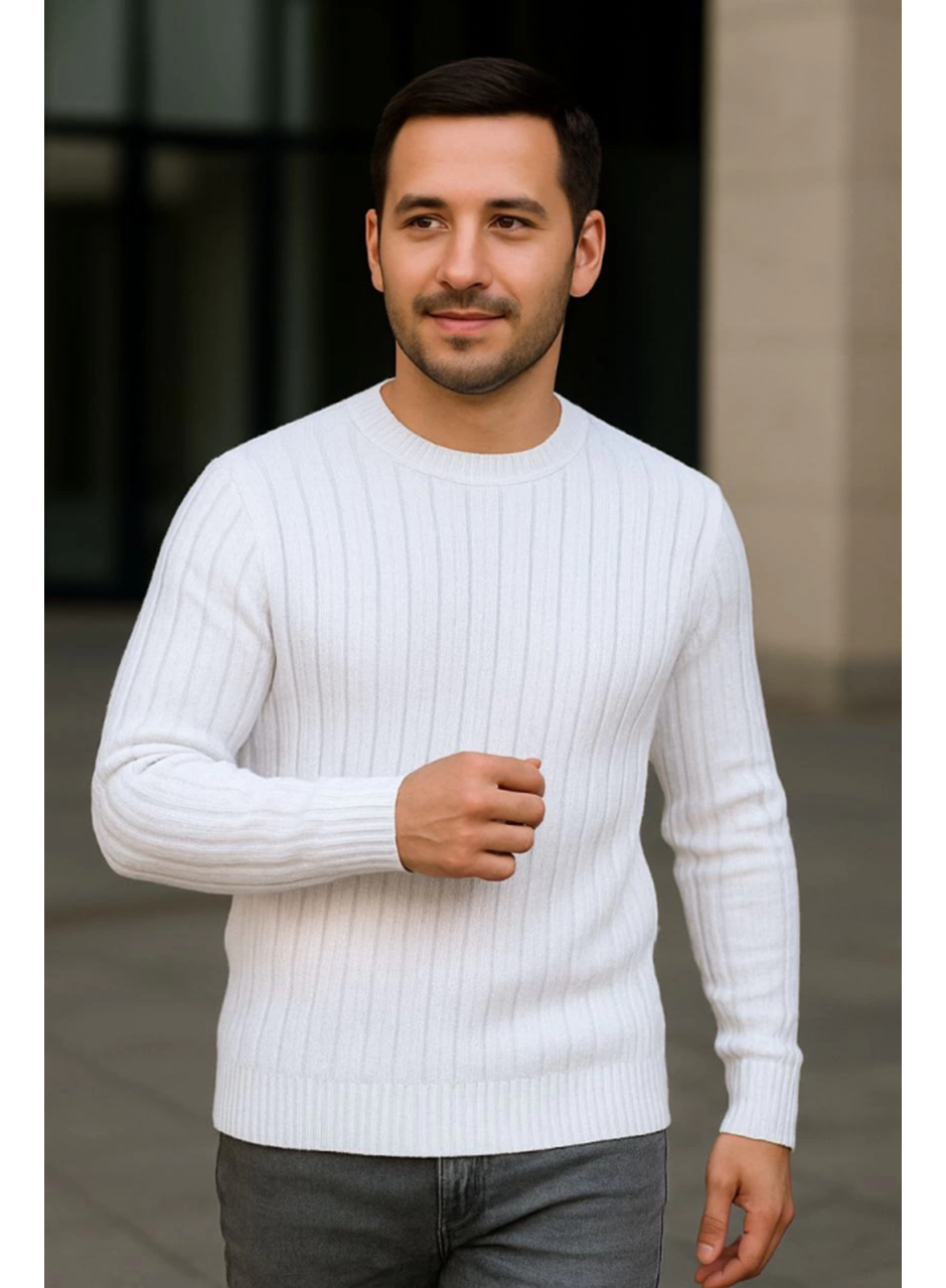 Erkek Bisiklet Yuvarlak Yaka Triko Kazak Pamuklu Kalın Fitilli Dokuma, Regular Fit Uzun Kollu Kışlık Model - Beyaz