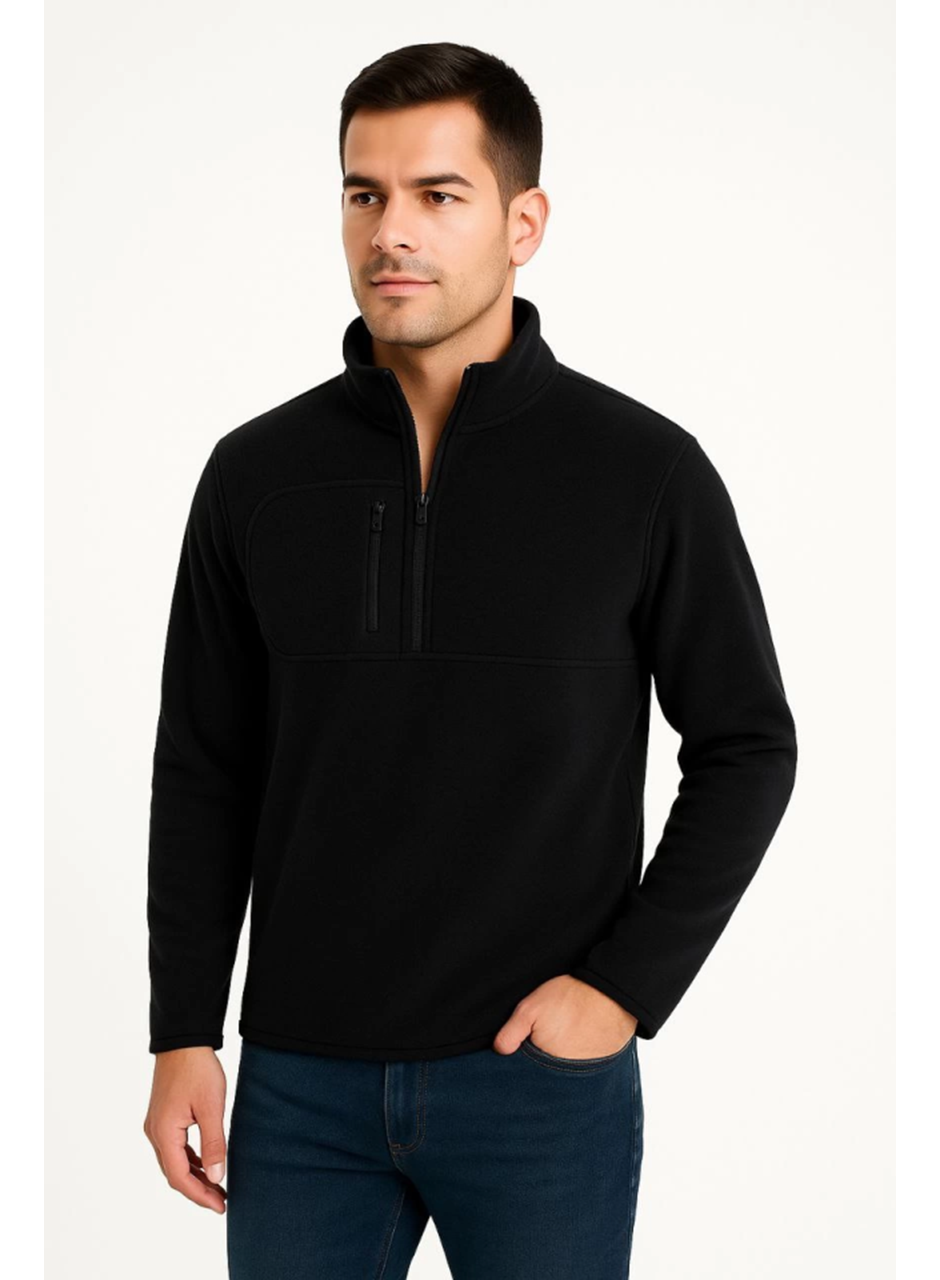 Erkek Polar Kazak – Dik Yaka, Yarım Fermuarlı, Fermuarlı Göğüs Cepli, Siyah Biyeli, Kışlık Rahat Regular Fit Günlük Model - Siyah