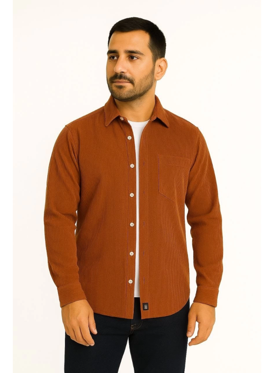 Erkek Fitilli Kadife Cepli Gömlek Oversize Rahat Kalıp - Kahverengi