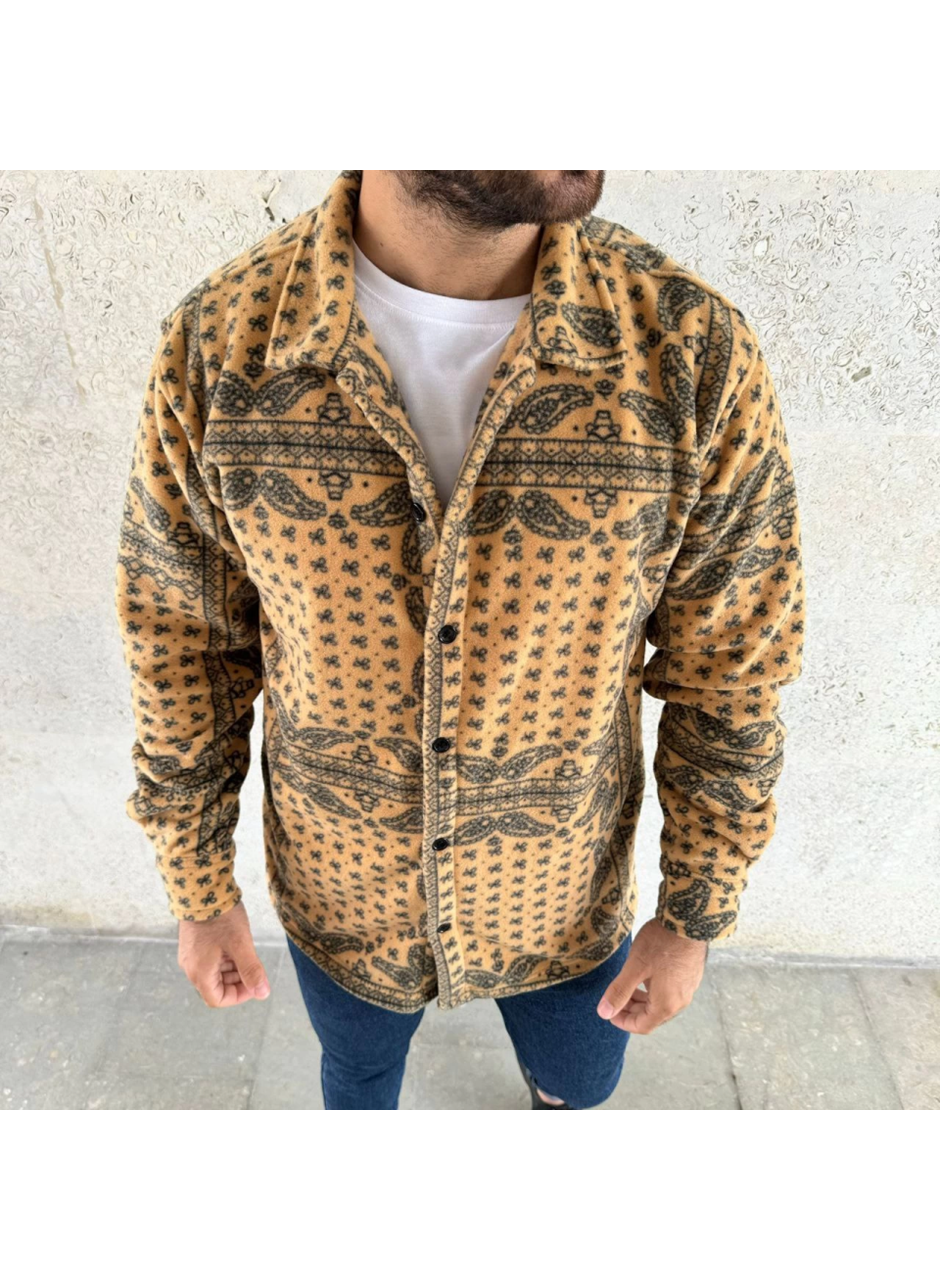 Erkek Desenli Düğmeli Polar Gömlek – Hardal Paisley Desen Yakalı, Uzun Kollu, Oversize Rahat Kalıp - Sarı