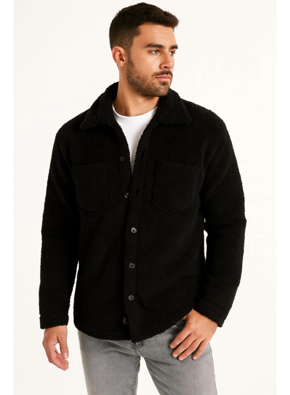 Erkek Pelüş Polar Hırka Gömlek – Yakalı, İlik Düğmeli, Göğüs Cepli, Yumuşak Dokulu Kışlık Regular Fit Rahat Günlük Model - Siyah