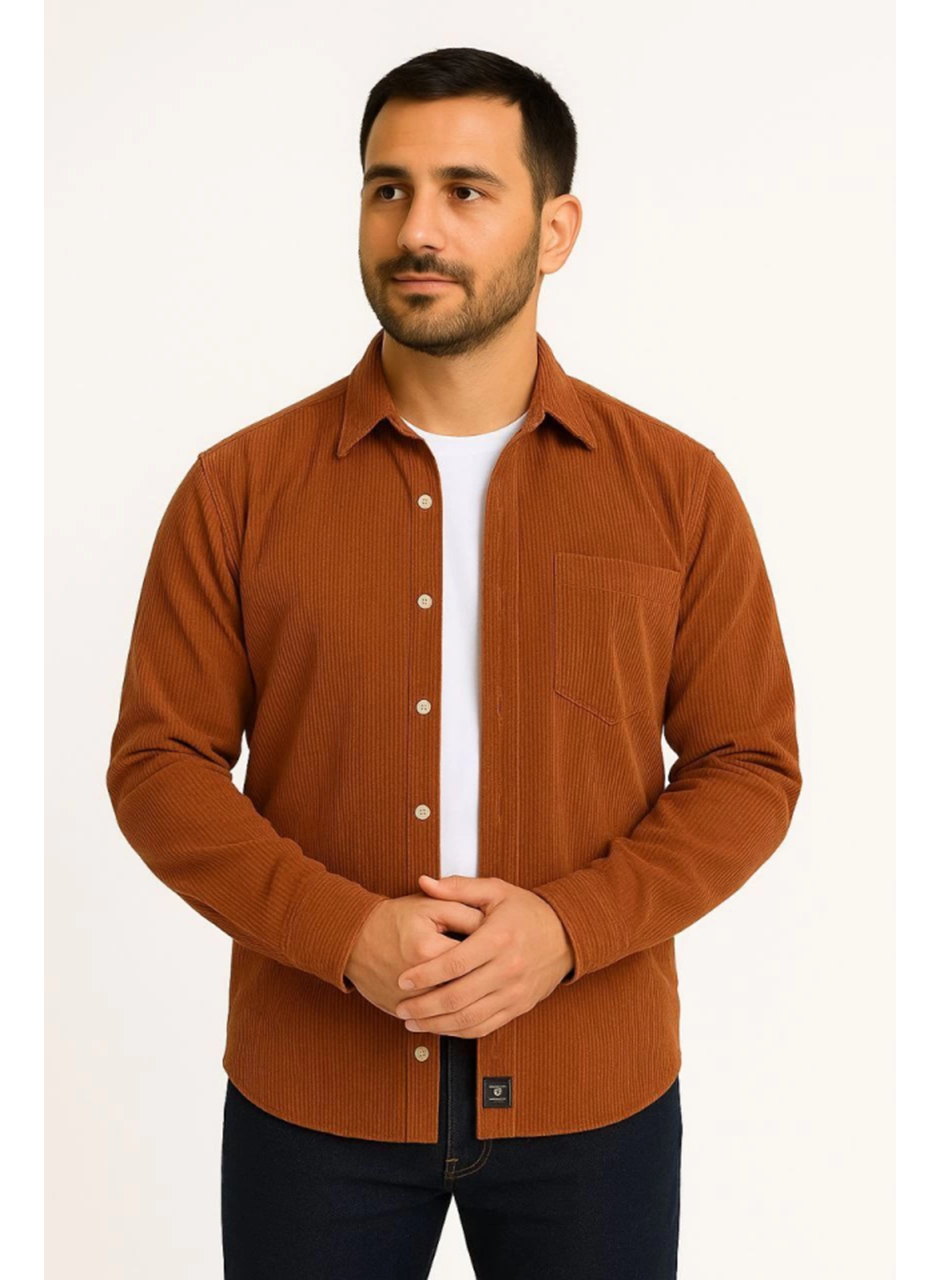 Erkek Fitilli Kadife Cepli Gömlek Oversize Rahat Kalıp - Kahverengi