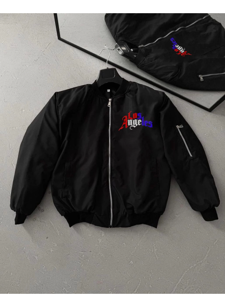 Tam Fermuarlı Uzun Kol Baskılı Bomber Ceket - Siyah