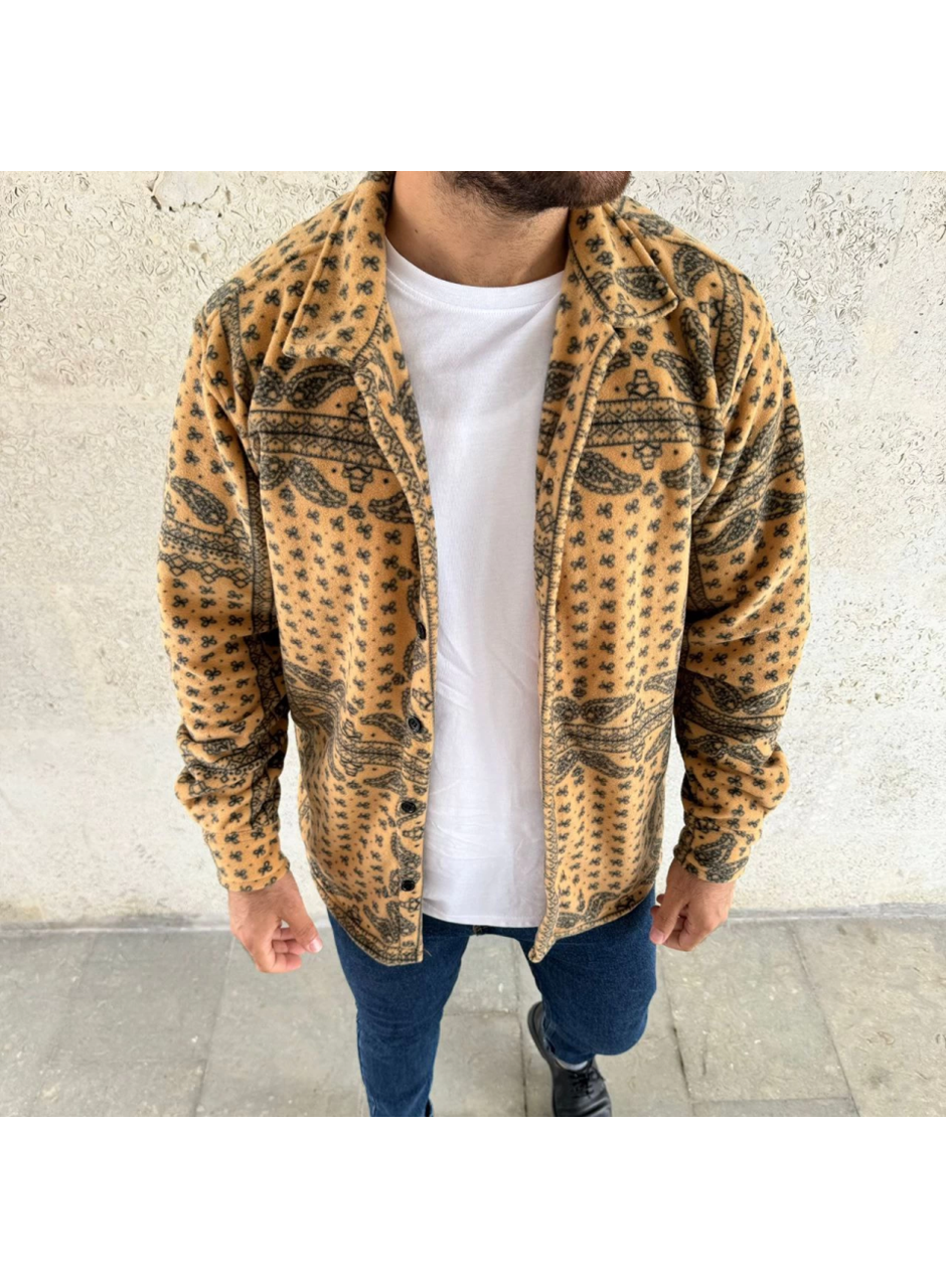 Erkek Desenli Düğmeli Polar Gömlek – Hardal Paisley Desen Yakalı, Uzun Kollu, Oversize Rahat Kalıp - Sarı