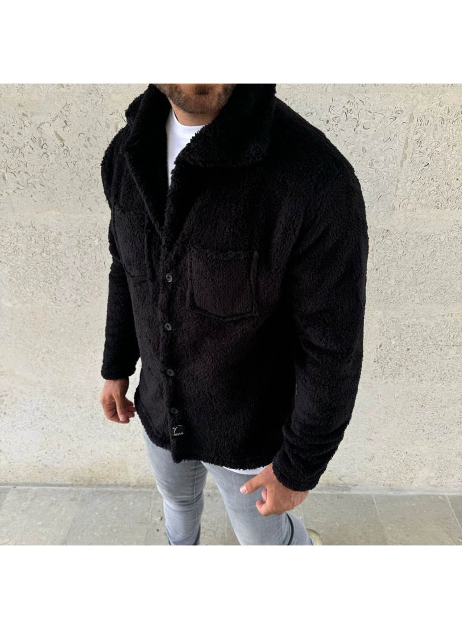 Erkek Pelüş Polar Hırka Gömlek – Yakalı, İlik Düğmeli, Göğüs Cepli, Yumuşak Dokulu Kışlık Regular Fit Rahat Günlük Model - Siyah