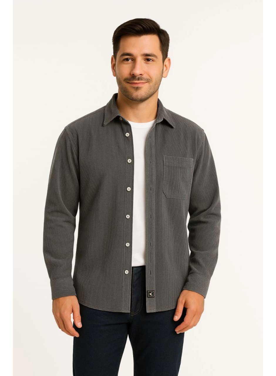 Erkek Fitilli Kadife Cepli Gömlek Oversize Rahat Kalıp - Füme