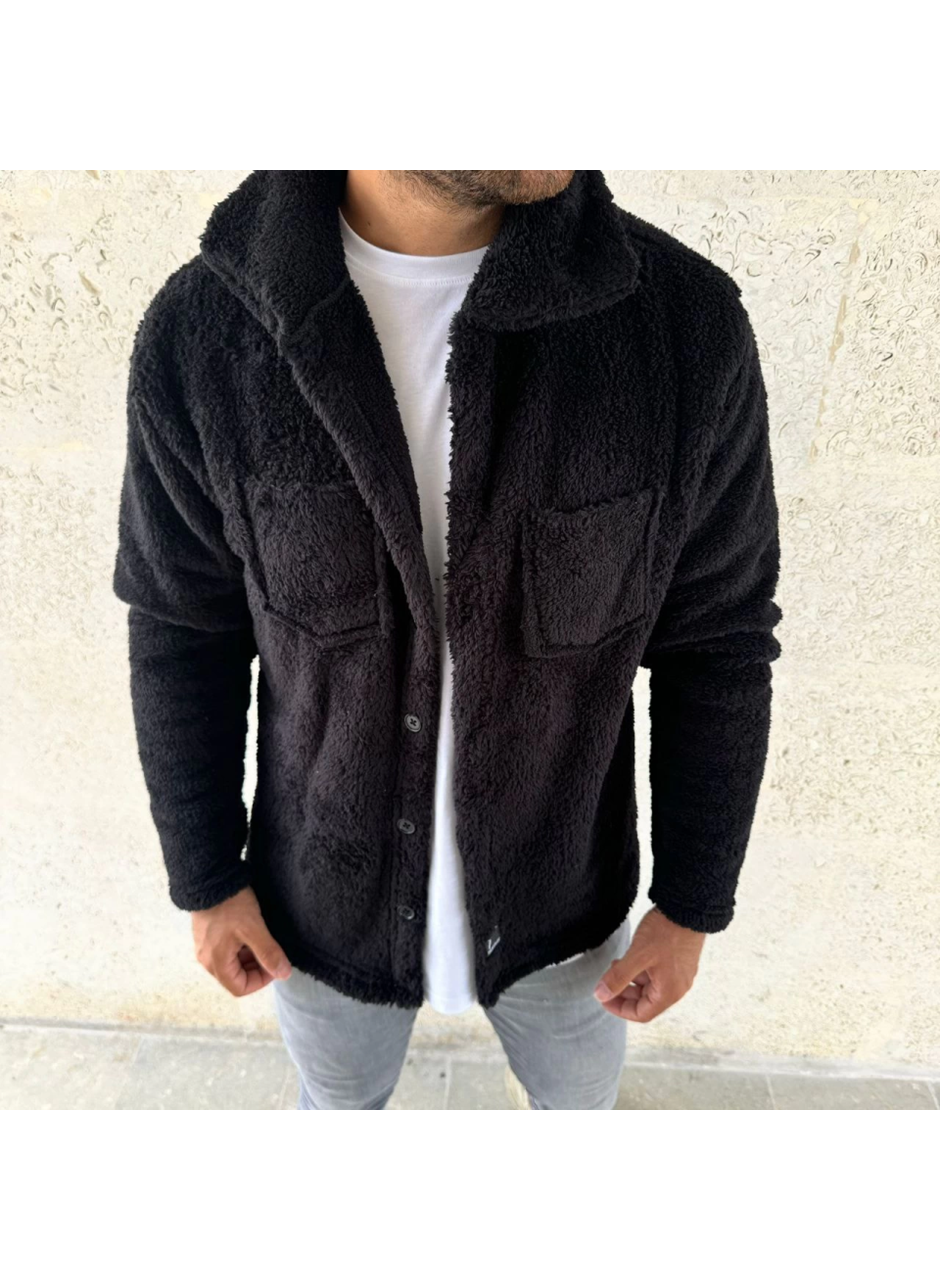 Erkek Pelüş Polar Hırka Gömlek – Yakalı, İlik Düğmeli, Göğüs Cepli, Yumuşak Dokulu Kışlık Regular Fit Rahat Günlük Model - Siyah