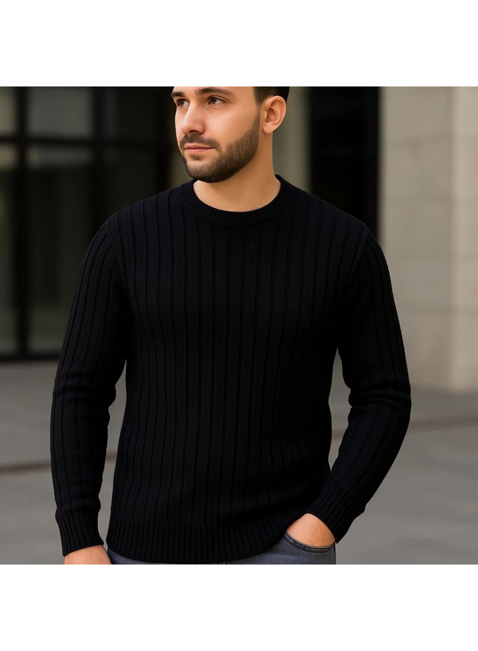 Erkek Bisiklet Yuvarlak Yaka Triko Kazak Pamuklu Kalın Fitilli Dokuma, Regular Fit Uzun Kollu Kışlık Model - Siyah